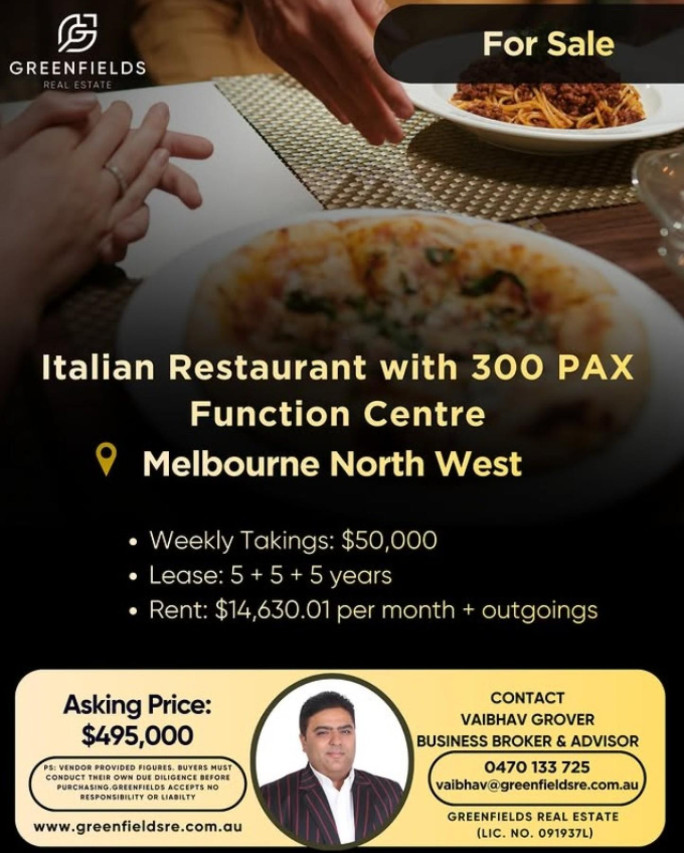 Italian Restaurant with Function Centre for Sale Melbourne West 